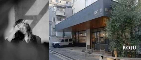 ROJU NAKAMEGUROとモノクロ女性のコラージュ